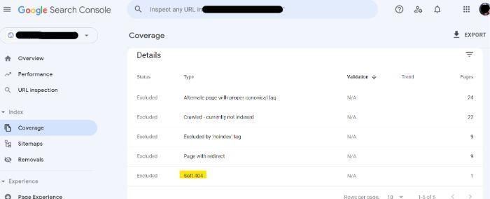 A screenshot of how to find soft 404 errors in Google Search Console.