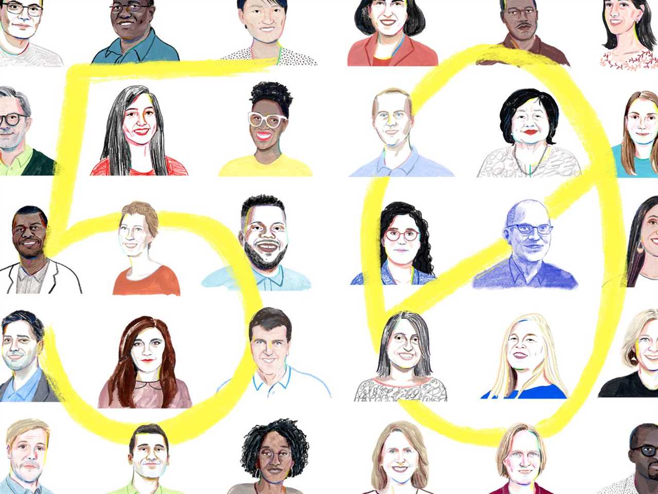 A collection of many small drawn portraits of people, with the number 50 in yellow.