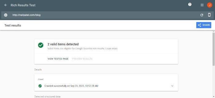 A rich results test for the Neil Patel Blog. 