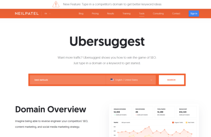 A screenshot of Ubersuggest's webpage.