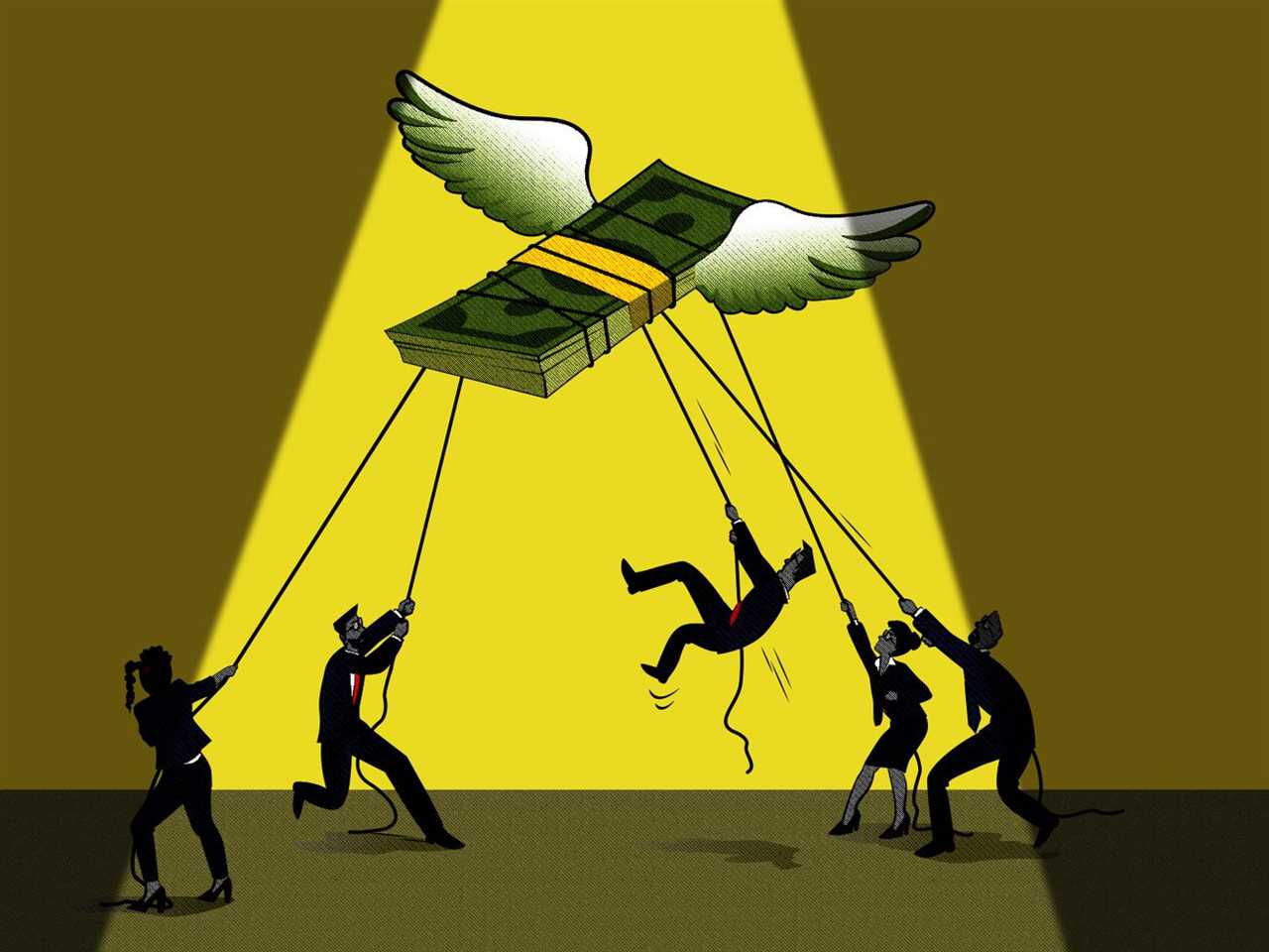 An illustration of a stack of money with wings, as several silhouetted people try to keep it from flying away, using ropes attached to it.