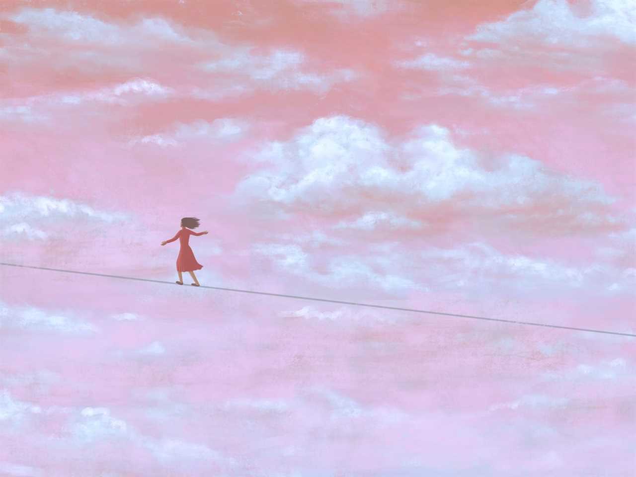 An illustration of a woman in a red dress, seen from far away, walking a tightrope in the sky, which is pink with white clouds.