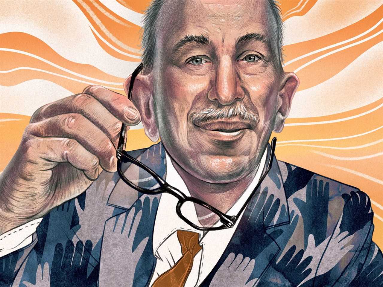 A realistic portrait illustration shows Robert Greenstein, an older white man with short gray hair and mustache, taking off a pair of black-framed glasses to look at the viewer. Behind him is a stylized depiction of clouds and wind in orange and white. The suit he wears is made up of many hands reaching upward, in shades of blue.