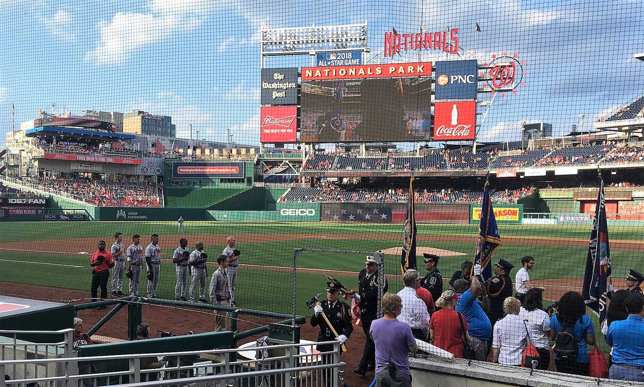 national anthem at baseball game, vip seating, homeplate seats, washington nationals stadium, baseball game with kids