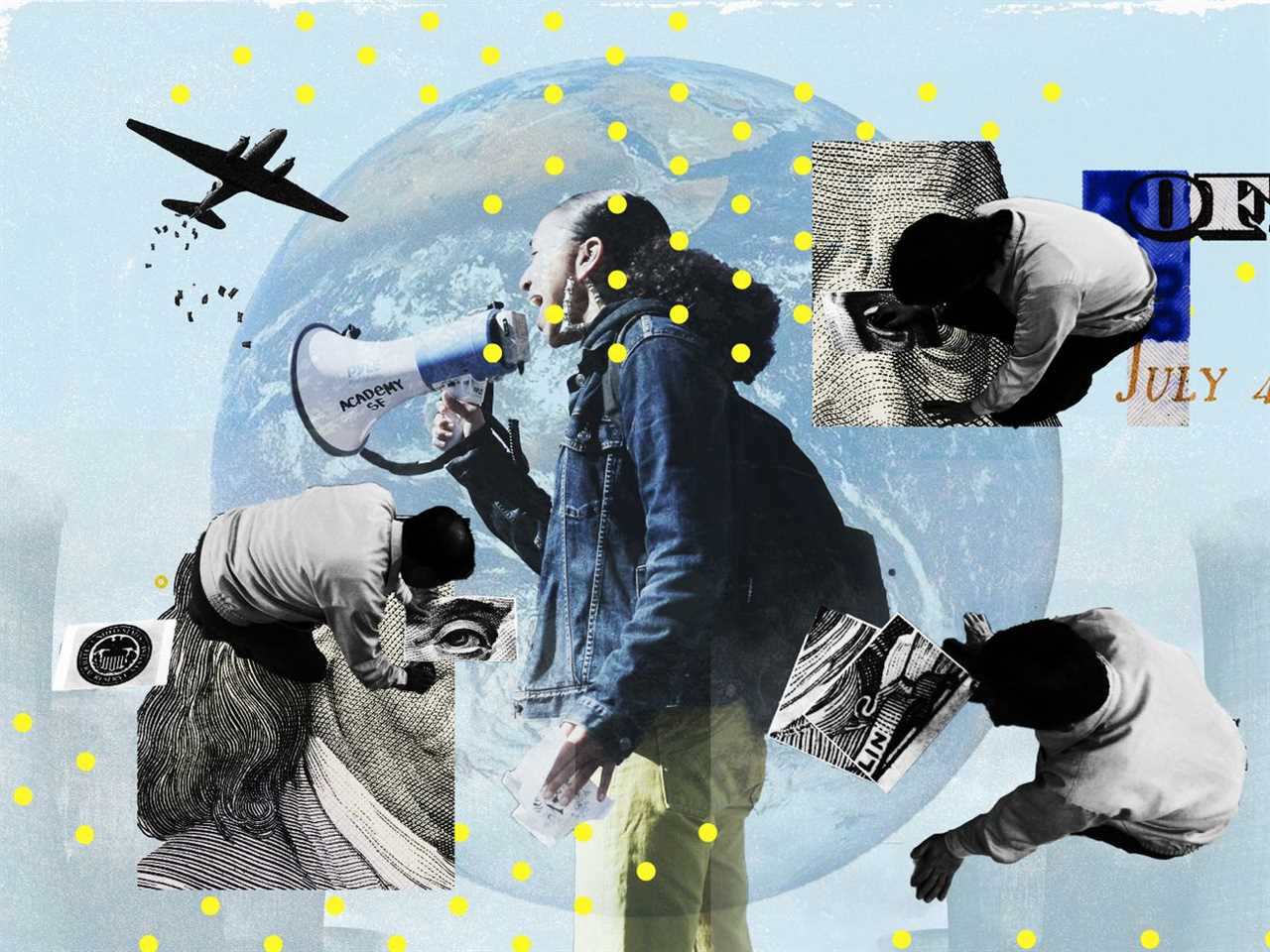 A photo illustration of a person shouting into a megaphone superimposed on the Earth.