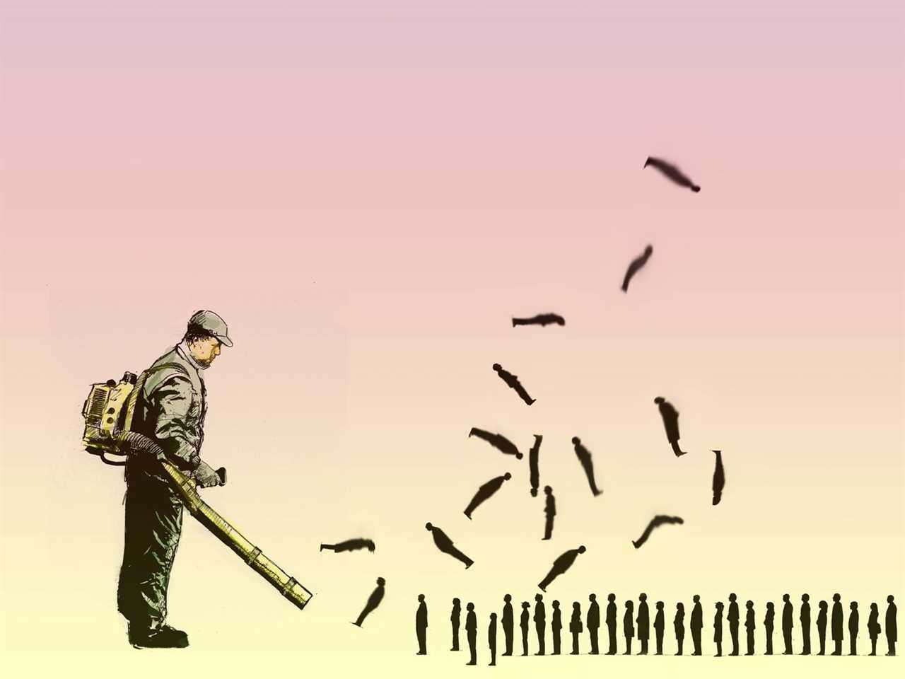 An image of a man with a leaf blower blowing tiny people into the air.