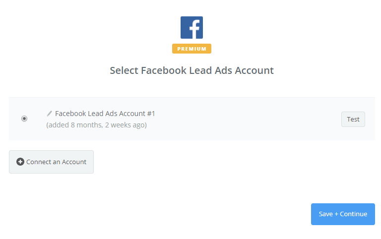 The select Facebook Lead Ads account function on Zapier.