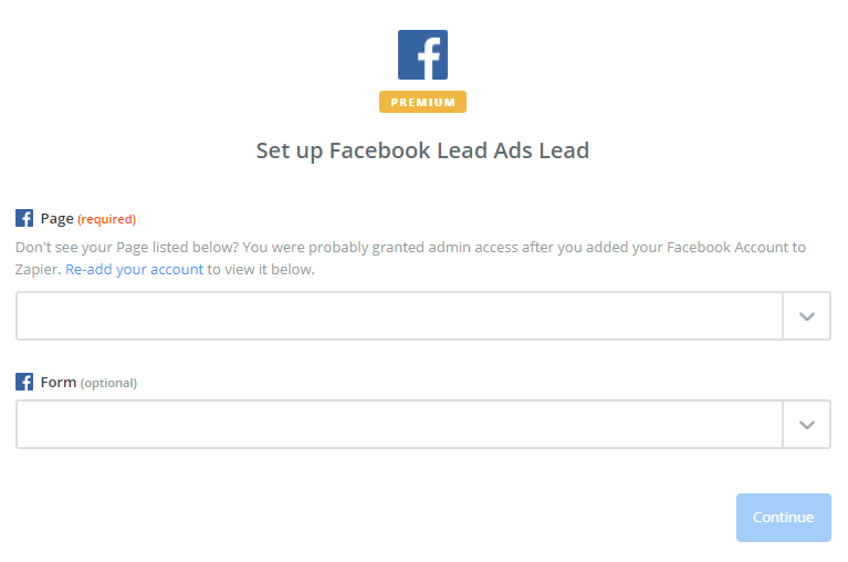 The set up Facebook Ads form on Zapier.