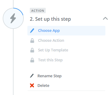 The step setup function on Zapier.