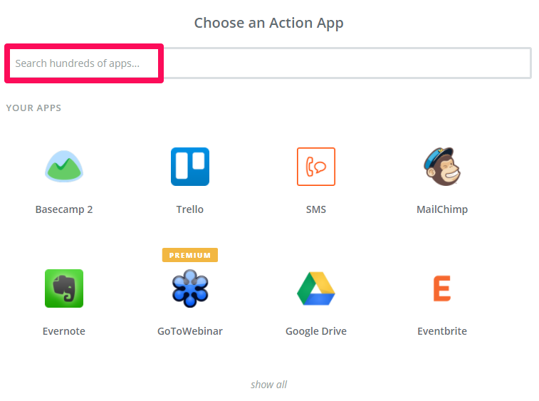 A list of apps on Zapier.