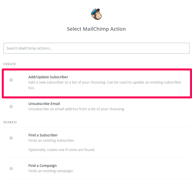 Choosing a Mailchimp action on Zapier to link with Facebook Ads activity.