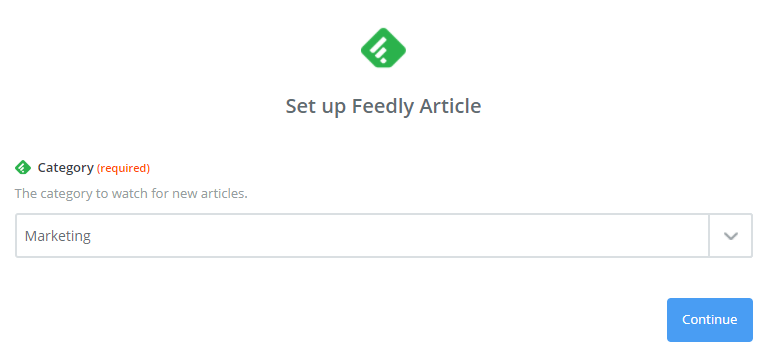 Setting up a Feedly article category in Zapier.