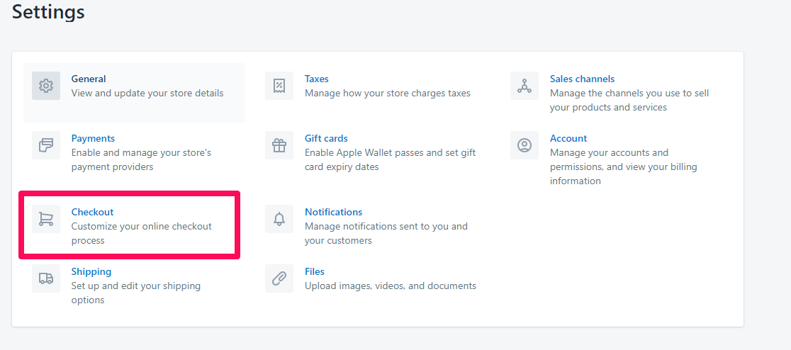 Choosing Checkout settnings in Shopify.
