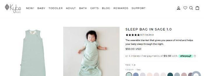 Product page for a wearable sleep sack outfit for babies