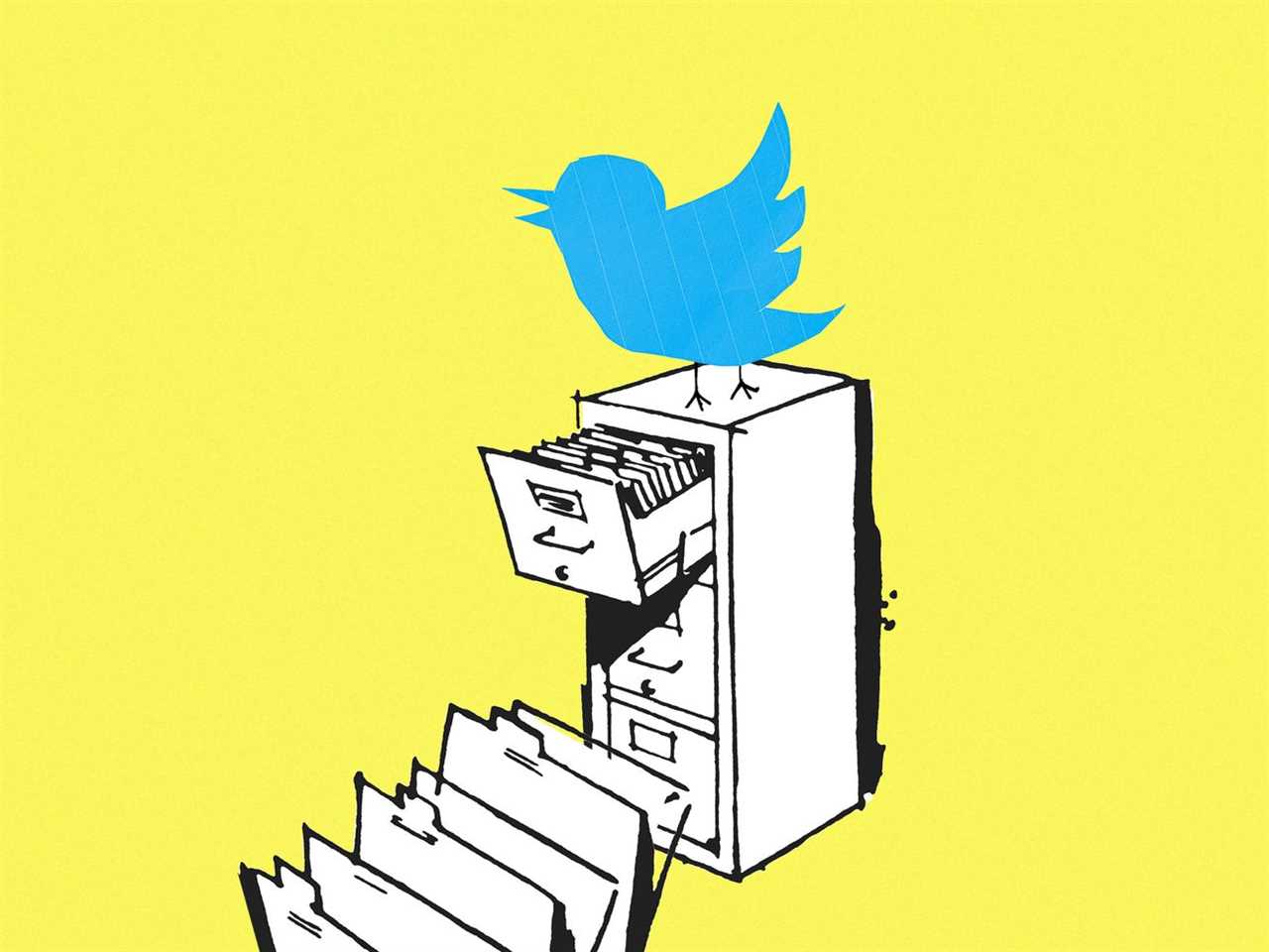 Drawing of a filing cabinet overflowing with papers and a Twitter bird logo perched on top.