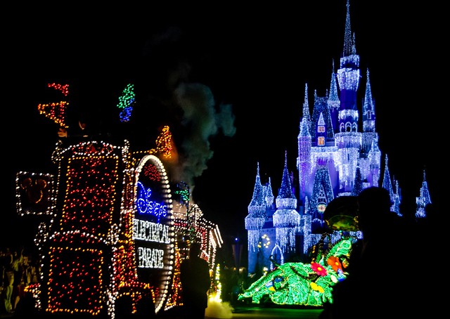 Fully Lighted Disney world castle at night 