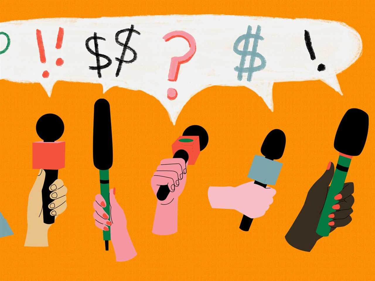 An illustration of a variety of hands holding microphones with question marks floating above them, on an orange background.