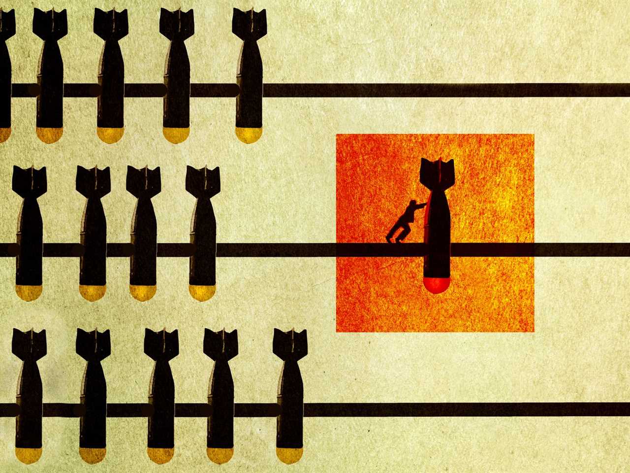 illustration of a person pushing bombs along an abacus