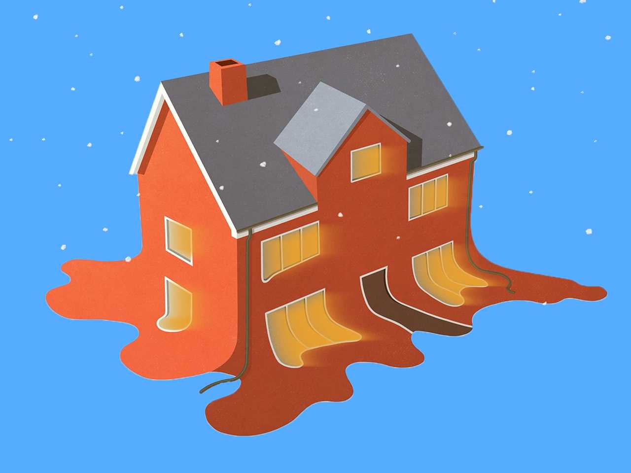 An orange two-story house melts into a blue background with snowflakes.