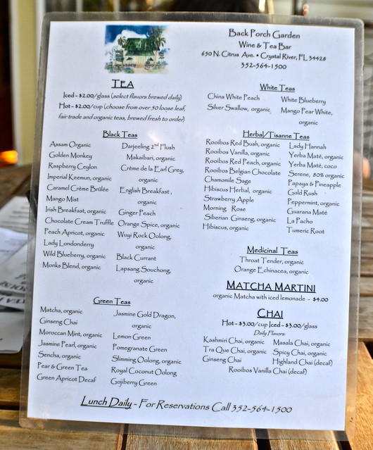 tea menu at heritage tea house