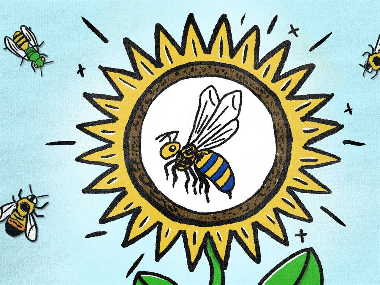 An illustration in yellow, blue, and white shows a bee in the middle of a sunflower, with other bees in the air around it.