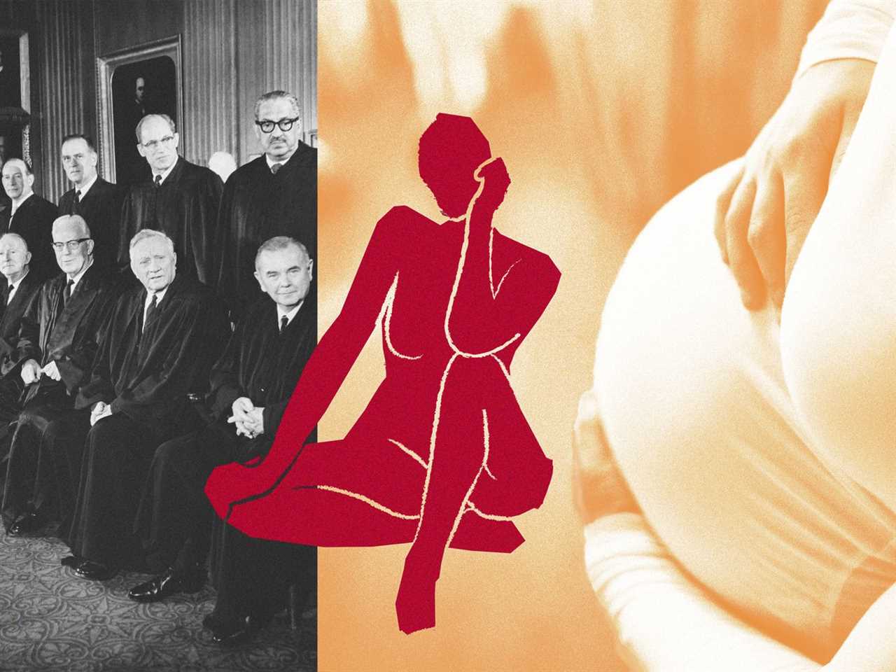 Photo collage of the Supreme Court justices of 50 years ago, a pregnant belly, and the outline of a woman.