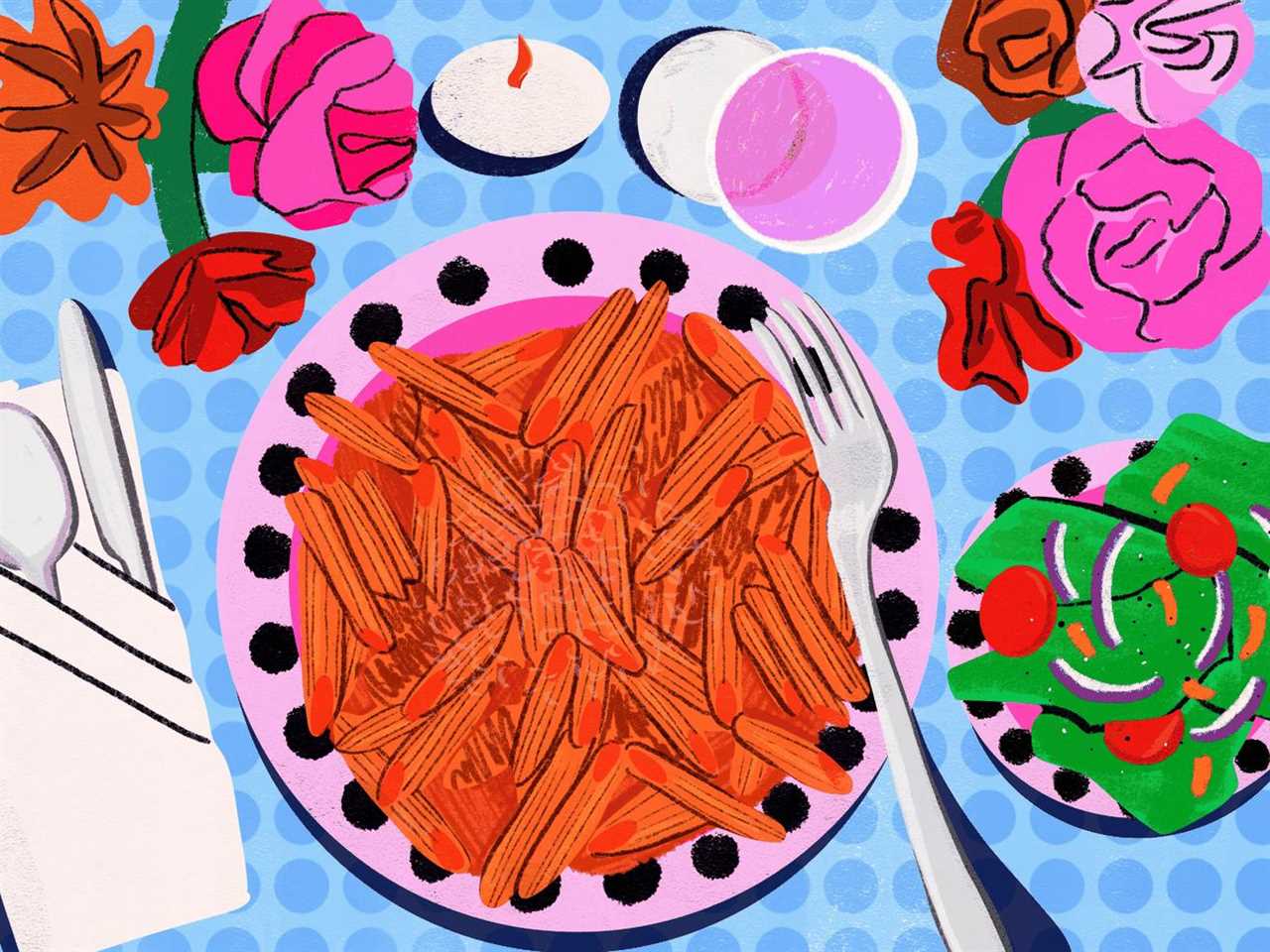 An illustration of a table set for one, with salad, a meal, and flowers.