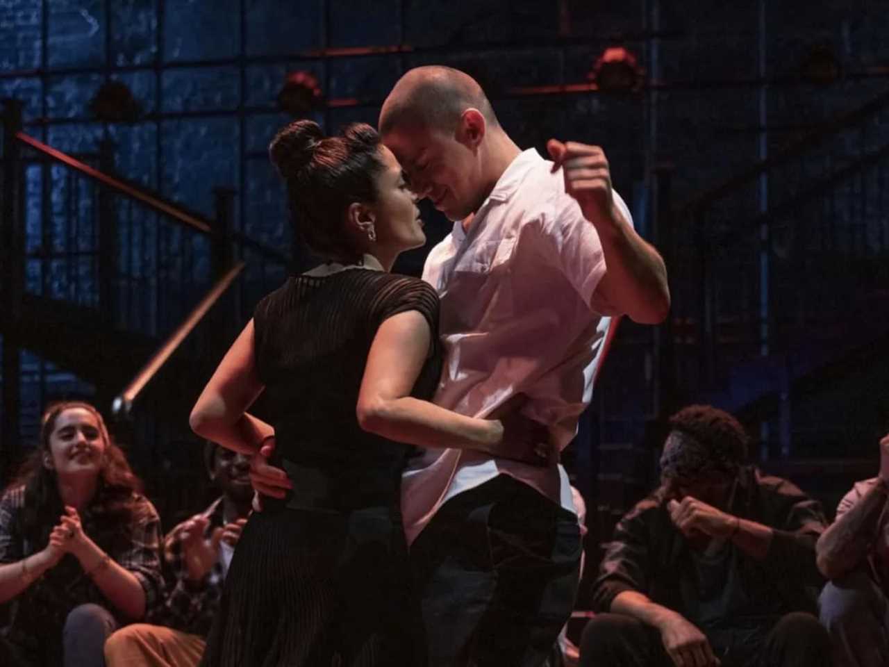 Salma Hayek Pinault and Channing Tatum dance onstage in the movie “Magic Mike’s Last Dance.”