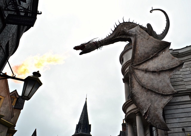 dragon spitting fire, diagon alley at Universal Studios in Florida