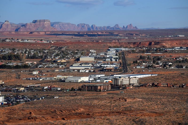 The city of Page, which sits east of the Colorado River, is seen from a helicopter on October 23, 2022 in Page, Arizona.