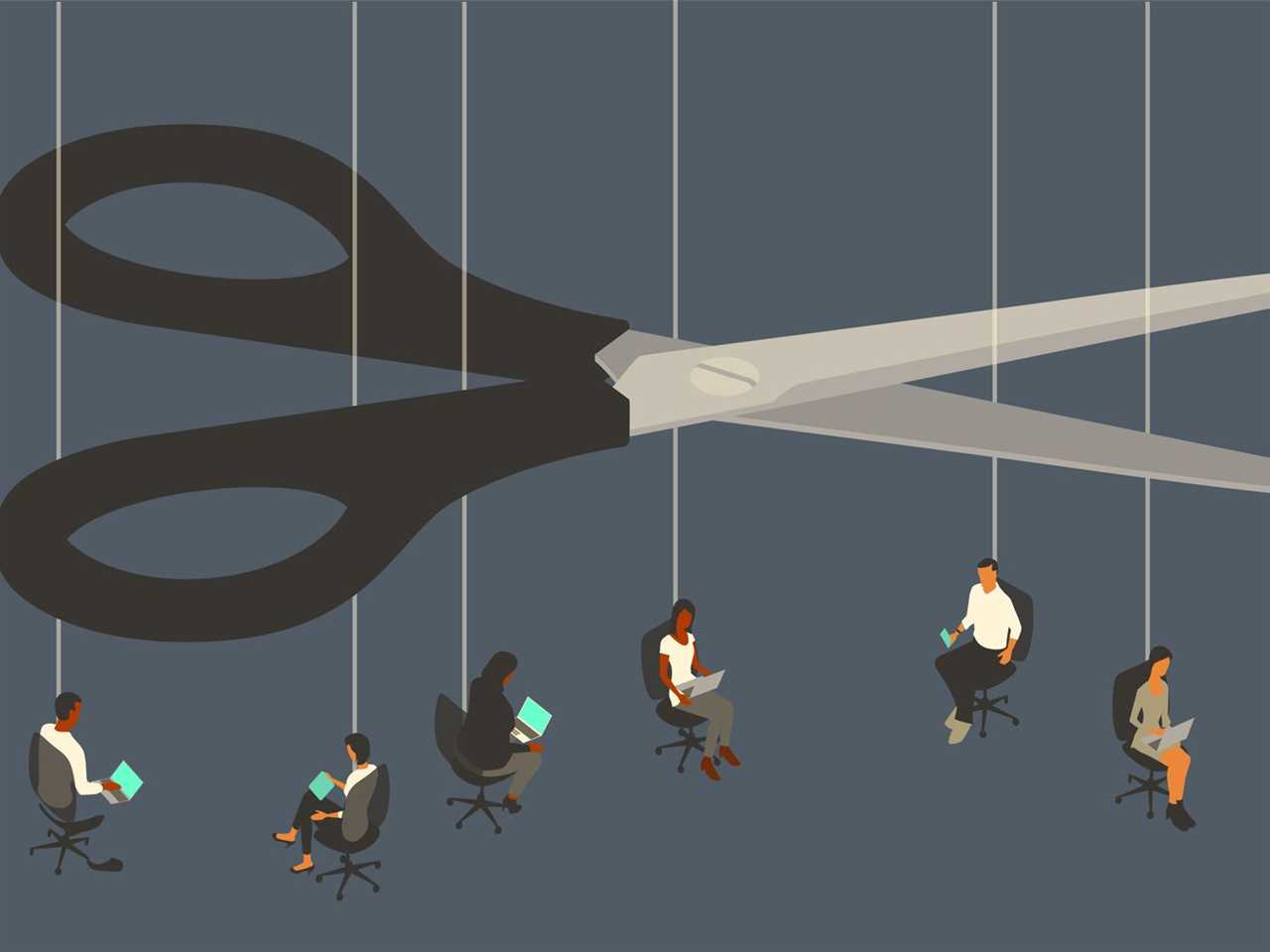 Layoffs are illustrated by an oversized pair of scissors, that looms over seven workers sitting in office chairs suspended by strings.