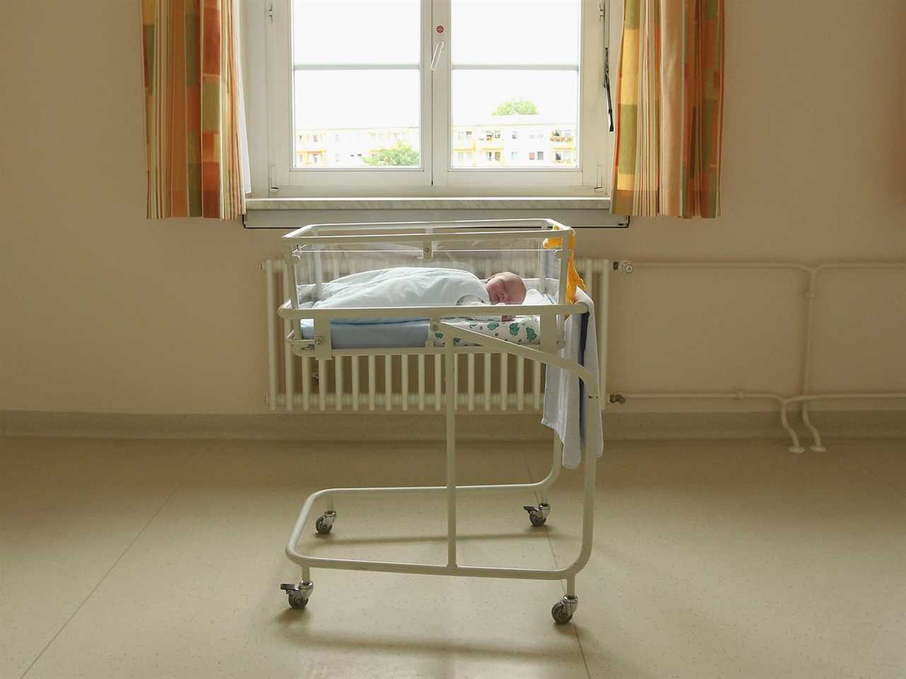 A baby in a rolling bassinet beside a hospital window.