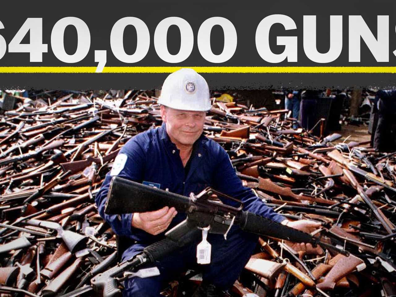 A person in a hardhat buried to the waist in a pile of guns. The heading reads “640,000 guns.”