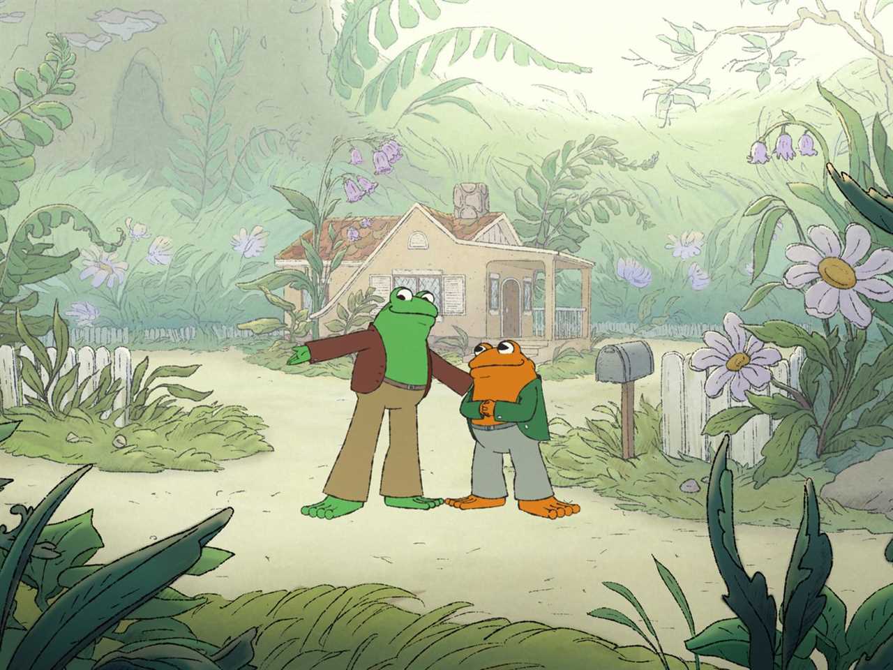 An animated frog and toad in human clothes stand in a flowering wood.