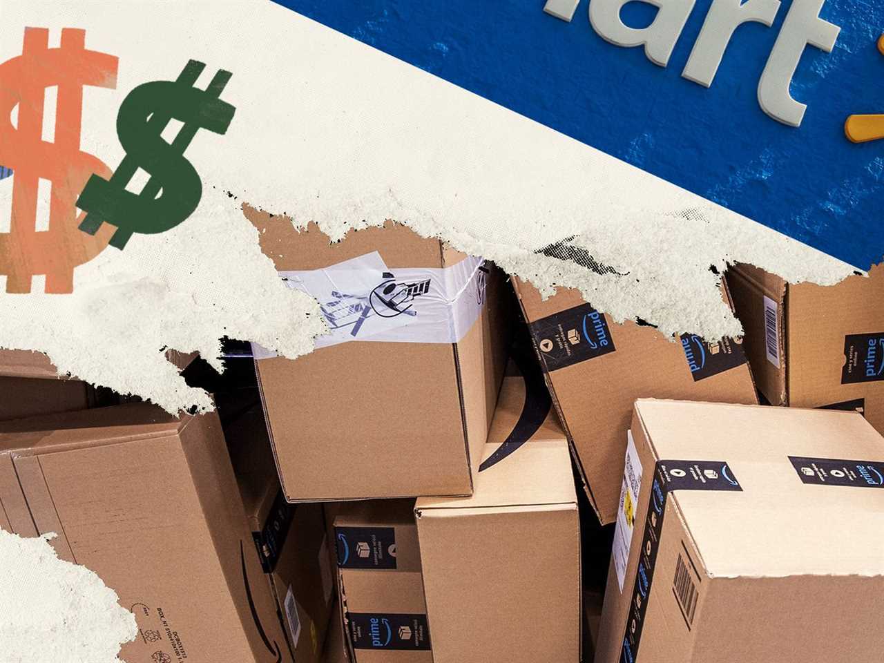 Amazon boxes and a Walmart sign with some dollar signs.