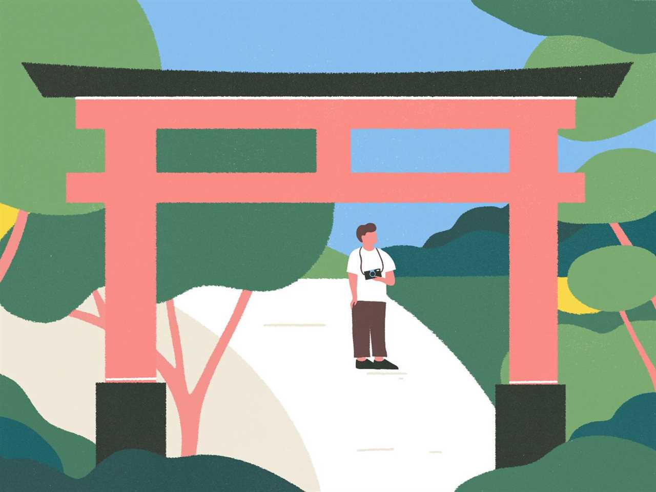 An illustration shows a person with a camera standing in an Asian-style garden surrounded by greenery and seen through a red archway.