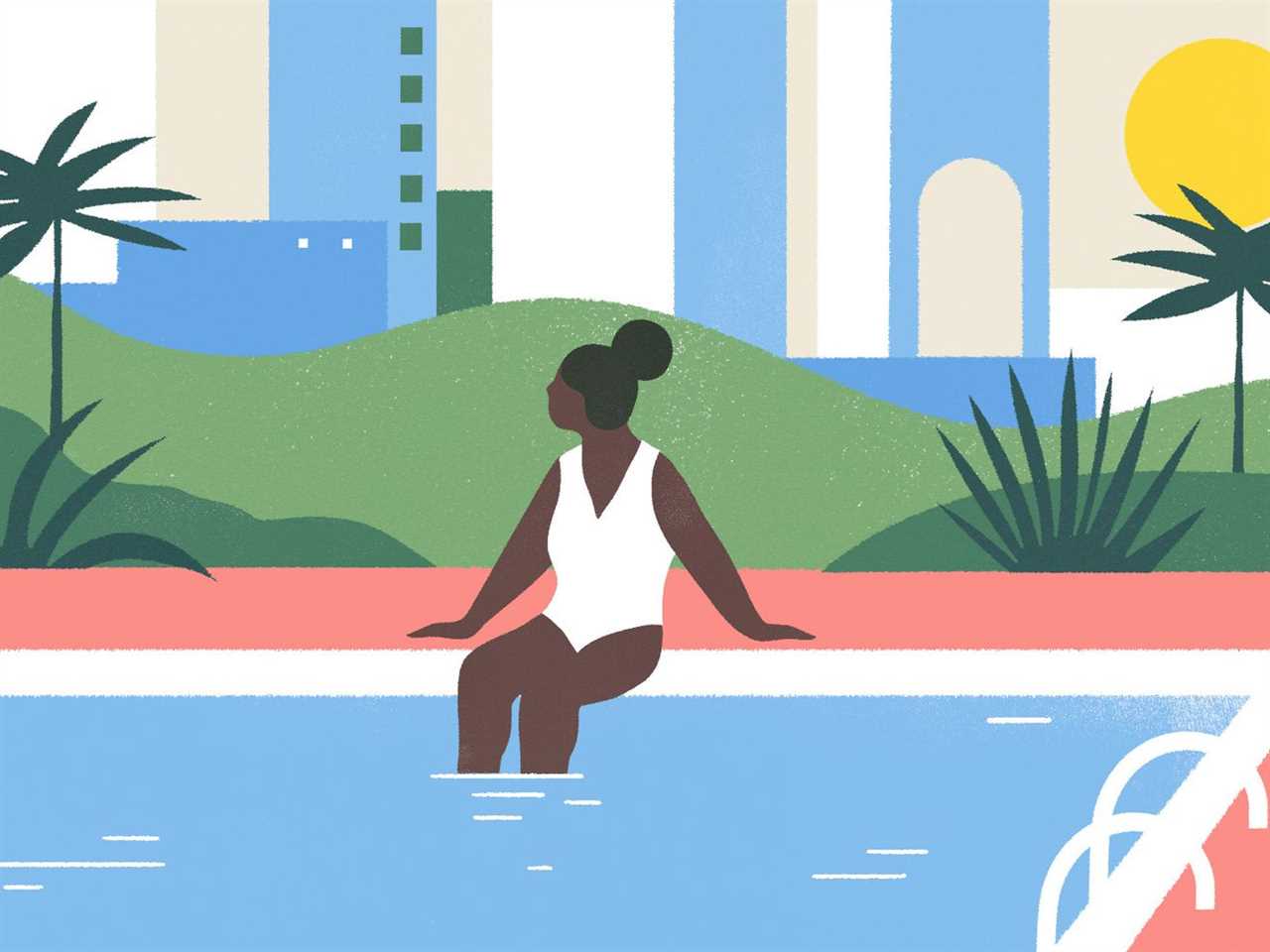 A colorful illustration of a Black woman in a white swimsuit sitting on the edge of a pool with her feet in the water. Behind her are palm trees and a city skyline.