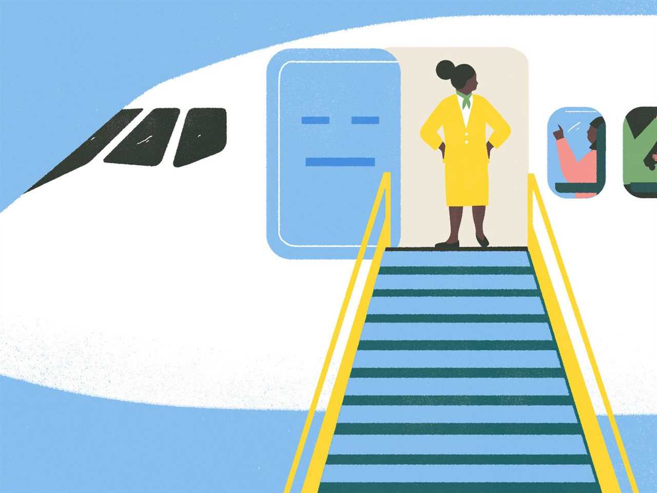 A graphic illustration in bright colors shows a yellow-uniformed flight attendant welcoming passengers at the top of a stairway onto an airplane.