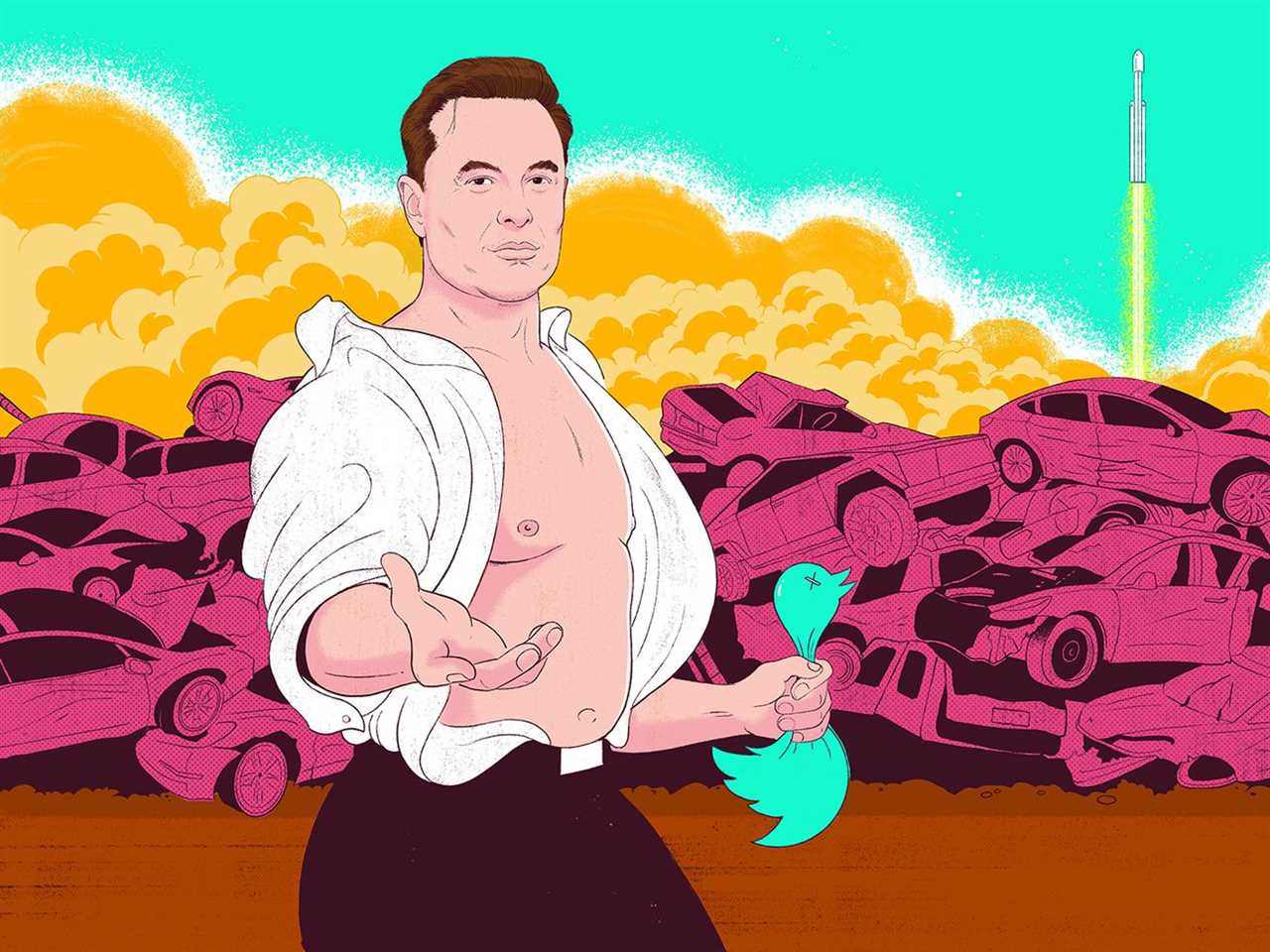 Elon Musk is standing with his shirt open and arm outstretched, all in a style referencing a romance novel cover. He’s squeezing a bird that looks like the twitter logo in his other hand. There’s a huge pile of crashed Teslas, a cloud of smoke and a rocket launching in the background.