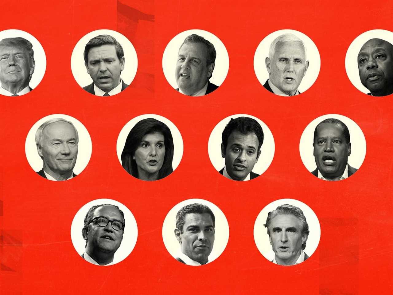 Photos of Republicans running for president in 2024: Donald Trump, Ron DeSantis, Chris Christie, Mike Pence, Tim Scott, Asa Hutchinson, Nikki Haley, Vivek Ramaswamy, Larry Elder, Will Hurd, Francis Suarez, and Doug Burgum.