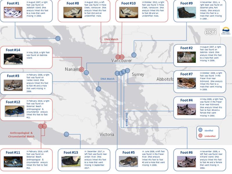 A map of where feet were found in British Columbia, including the most recent foot.