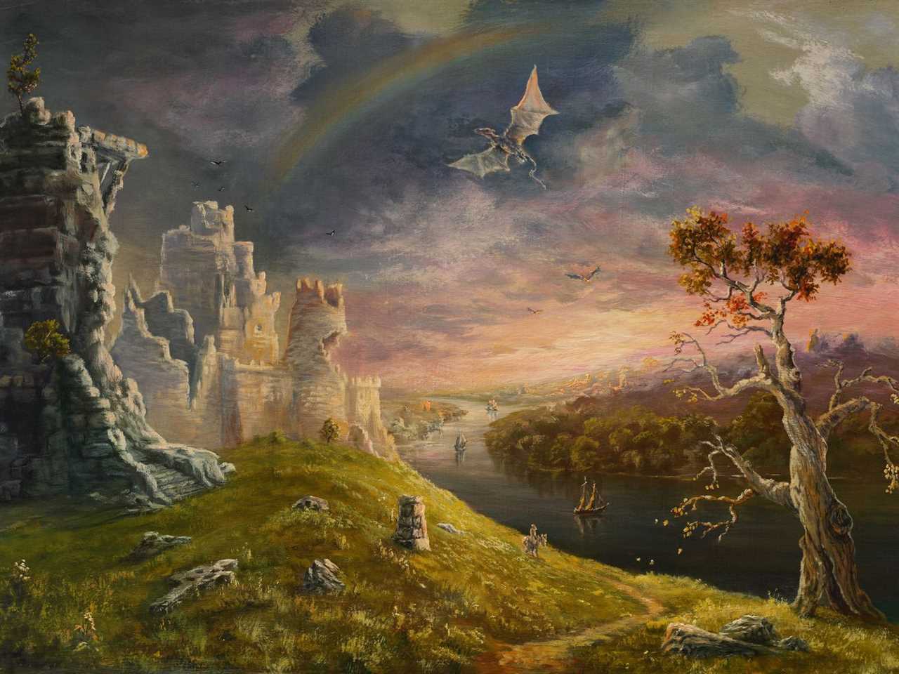 A dragon soars over a ruined castle surrounded by trees, with a murky rainbow in the sky.