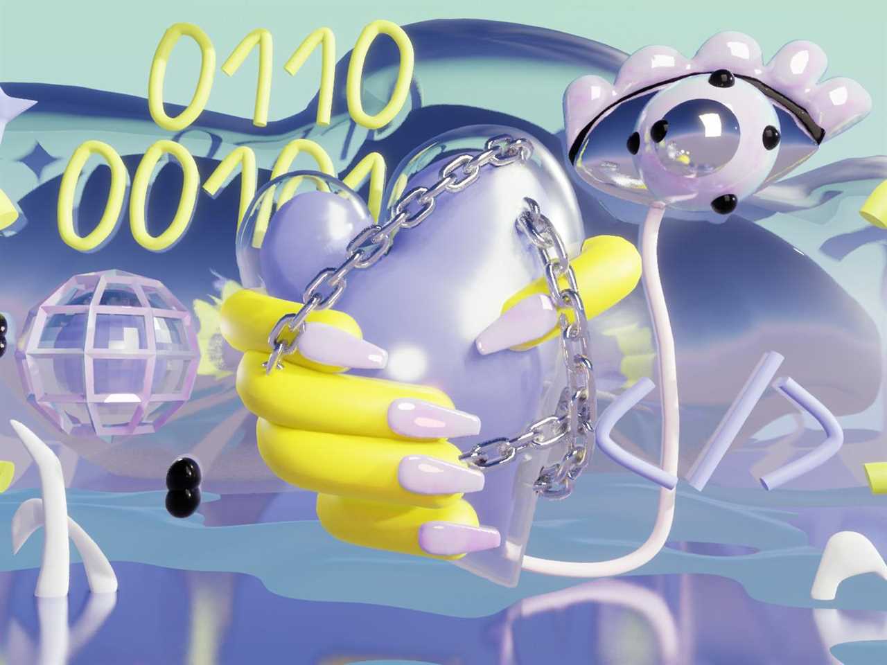 An illustration in shades of blue, purple, and yellow depicts a hand holding a heart, surrounded by artifacts of the computer age like binary code and browser icons.