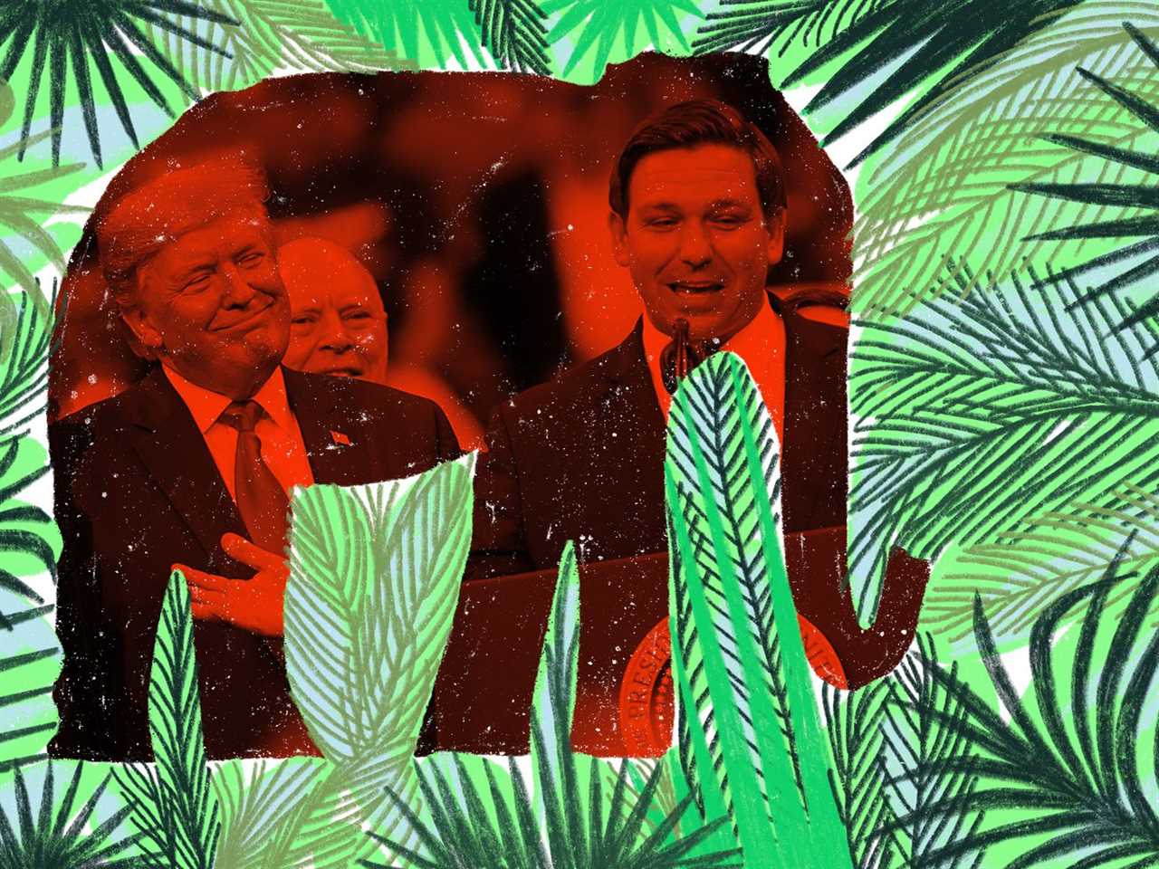 A giant, translucent red elephant overlays a photo of Donald Trump and Ron DeSantis. Lush green palm fronds surround it.