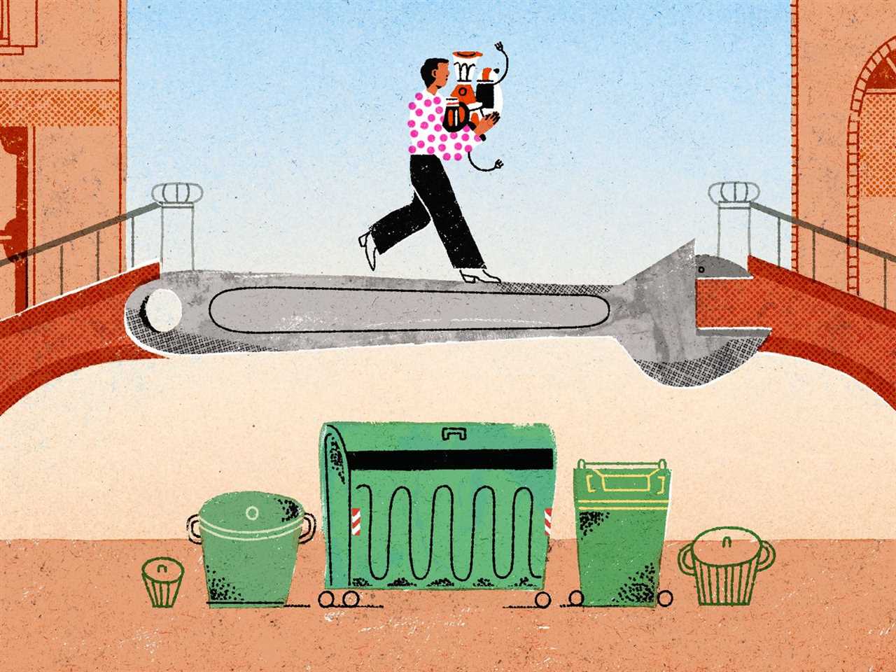 A colorful illustration shows a person carrying an armful of kitchen appliances over a wrench-shaped bridge between two buildings. Underneath the bridge are trash cans and a green dumpster. 