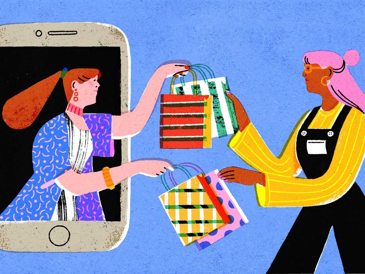 An illustration shows a woman reaching out from a giant phone to hand several shopping bags to another woman.