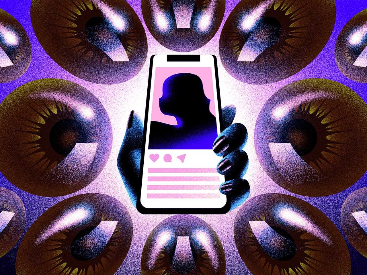 A hand is holding a cell phone. Giant eyeballs surround the phone, all focusing on a woman’s instagram post.