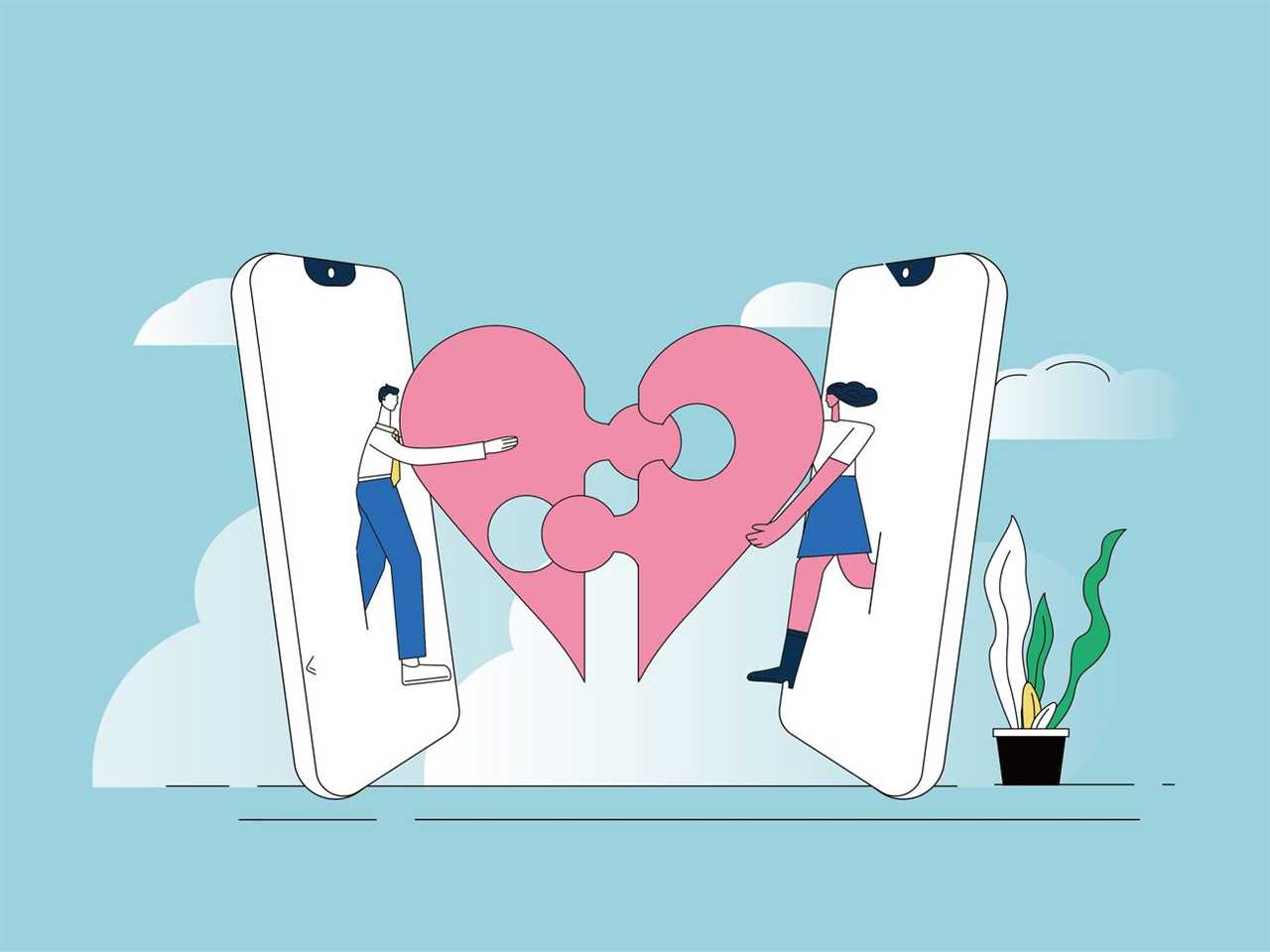 An illustration of a male figure walking out of a large smartphone screen holding half of a puzzle piece shaped like a heart. He reaches toward a woman across from him who is holding the other half of the heart puzzle piece. She also emerges from a smartphone screen.