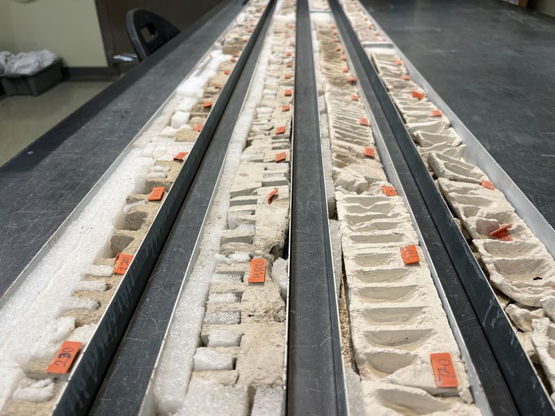 Four long trays of mud core that have samples taken out of them.