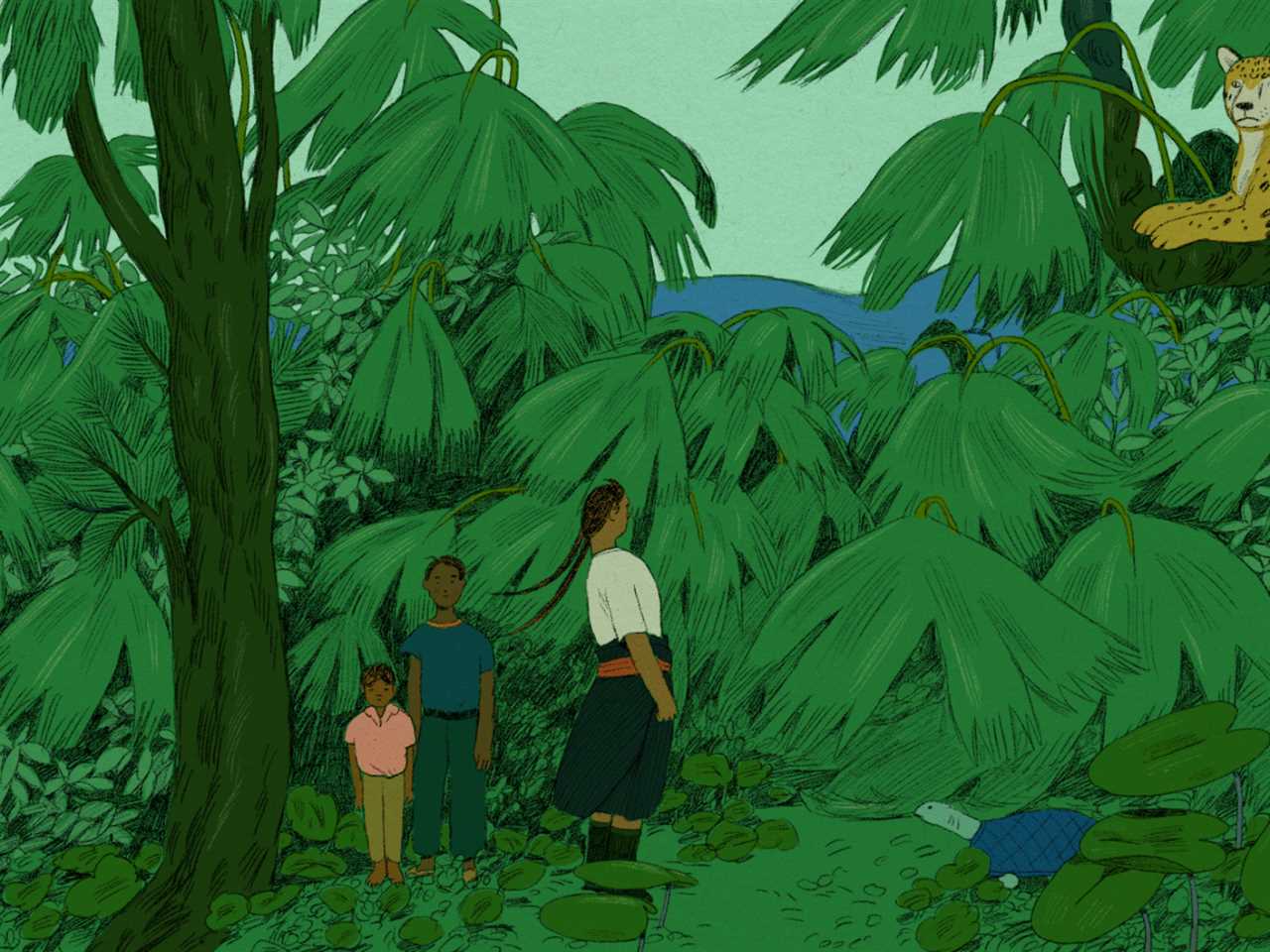 An animated illustration shows a woman and two children in a lush green rainforest, her hair and surrounding leaves blowing in a breeze. Overhead, a leopard lays on a large tree branch. 